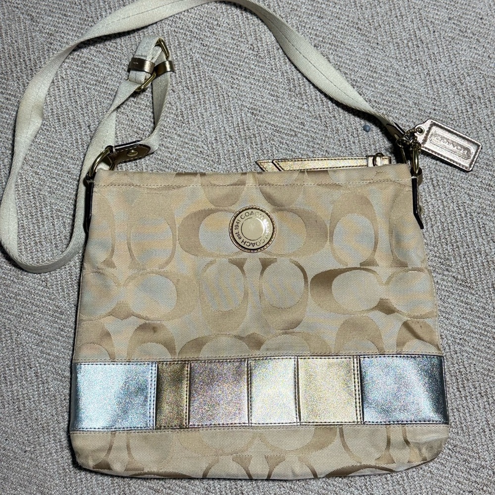 Coach Beige and Metallic Crossbody Bag